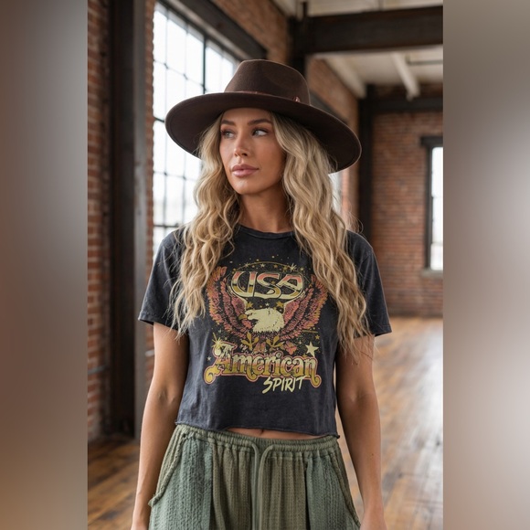NWT Country Deep American Spirit USA Americana Graphic Crop Top Cropped Tee - Picture 9 of 11